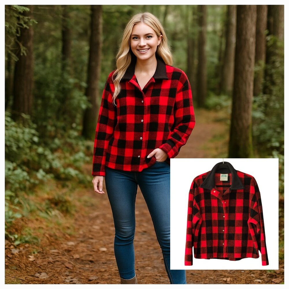 VTG Hidden Bay Made in USA Buffalo Plaid Lumberjack Fleece Snap Front Jacket